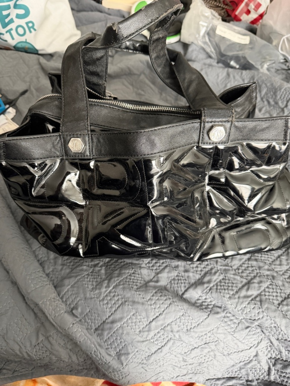 DKNY Black Patent Leather Tote Large Shoulder Bag Work Travel Purse